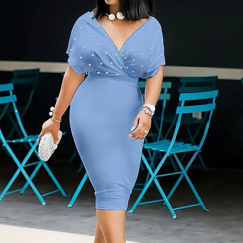 Elegant Deep V Neck Wrap Bodycon Dress Back Zipper Pencil Midi Dress