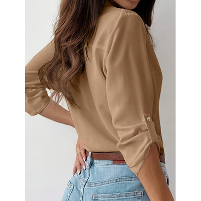 Button Down Shirts V Neck Rolled Up Long Sleeve Top Elegant Dressy Blouse