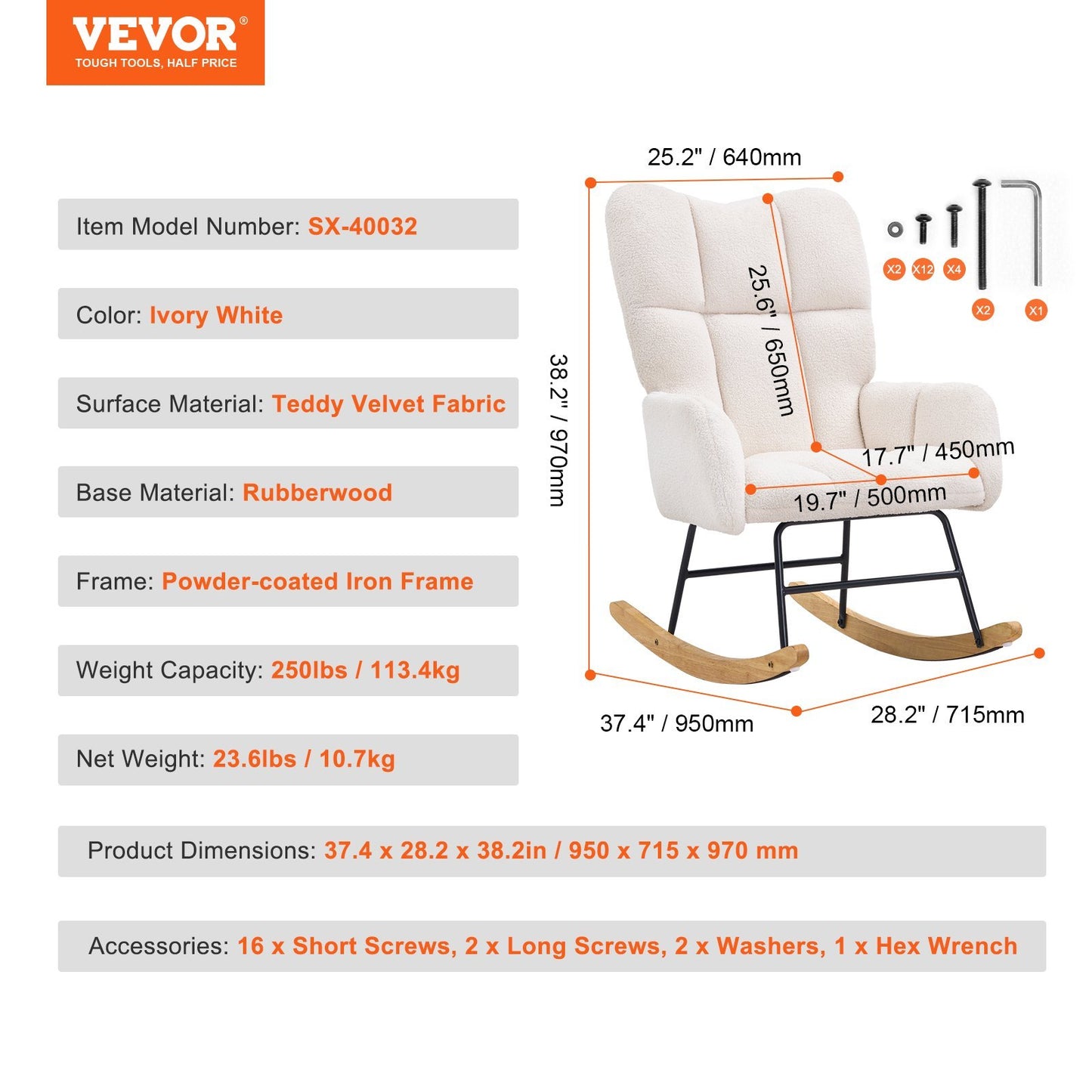 VEVOR Rocking Chair Nursery, Glider Rocking Chair With Soft Seat And High Backrest, Electric Chair 250 Lbs Weight Capacity Teddy Fabric, Upholstered Glider Rocker Chair For Nursery, Bedroom, Living Ro