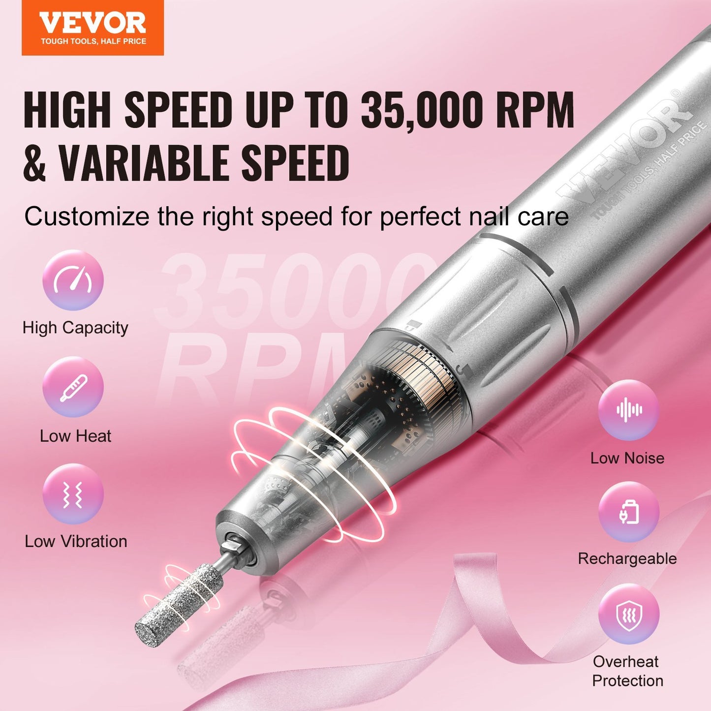 VEVOR Electric Rechargeable Nail Drill, 35,000RPM Portable Cordless Nail E File Machine, LCD-Display Acrylic Gel Grinder Tool With 6 Bits And 50PCS Sanding Bands For Manicure Pedicure Carve Polish