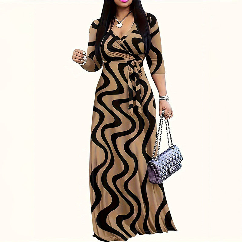 Women's V-Neck Elegant Half-Sleeve Belted Waist Print Maxi Dress