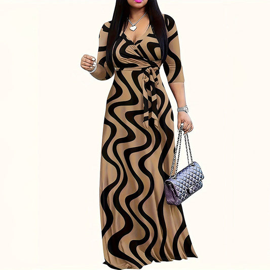 Women's V-Neck Elegant Half-Sleeve Belted Waist Print Maxi Dress