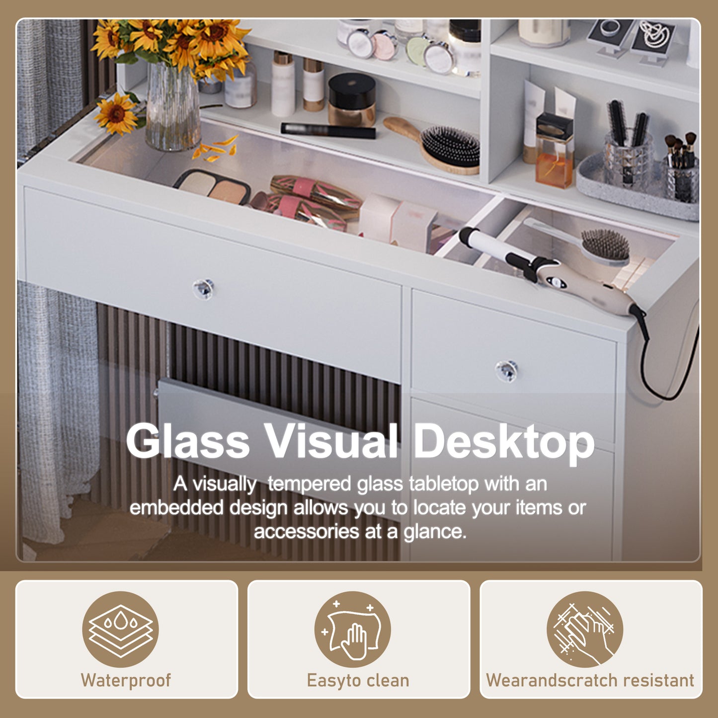Vanity Desk With Mirror And 3 Lighting Modes, Makeup Vanity With Glass Top And Storage Shelves, Dressing Table With 2 Drawers And Cabinet