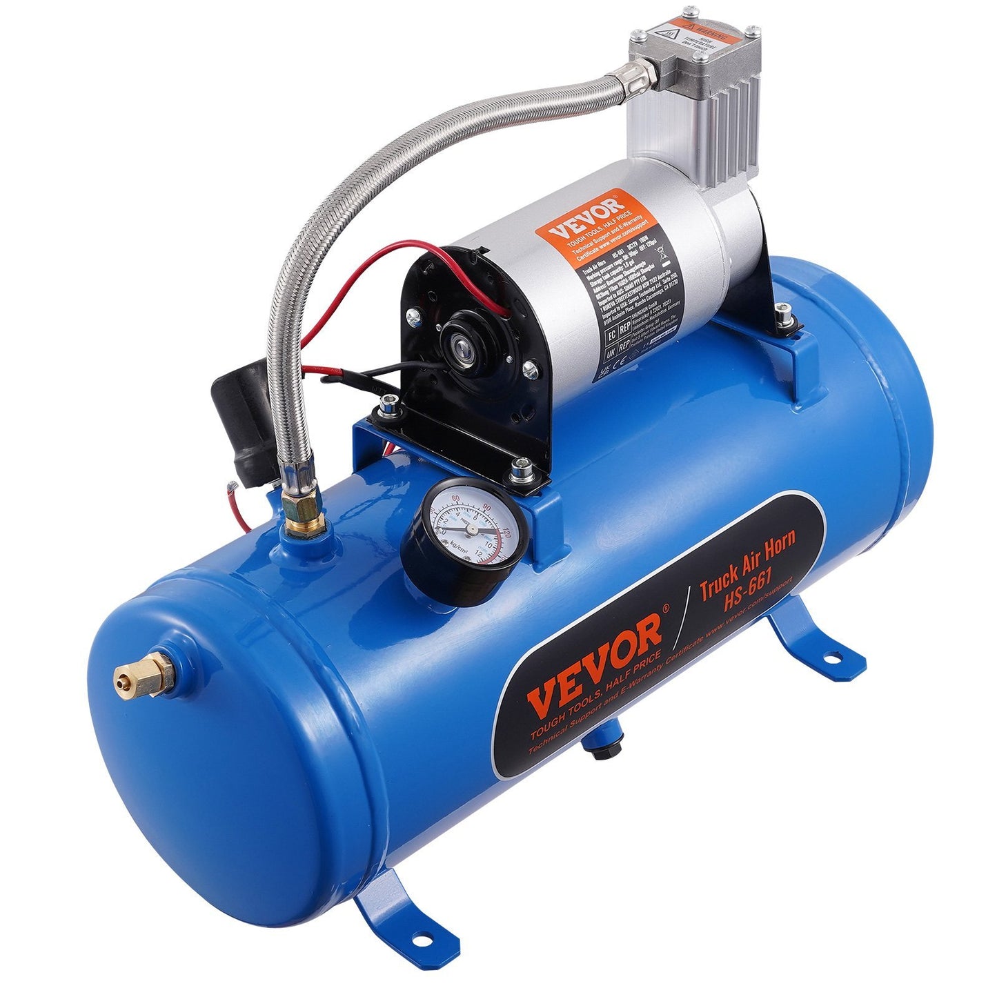 VEVOR 12V Air Compressor With Tank 1.6 Gallon 6 L, Train Horn Air Compressor, 120 Psi Working Pressure Onboard Air Compressor System For Train Air Horns, Inflating Tires, Air Mattresses