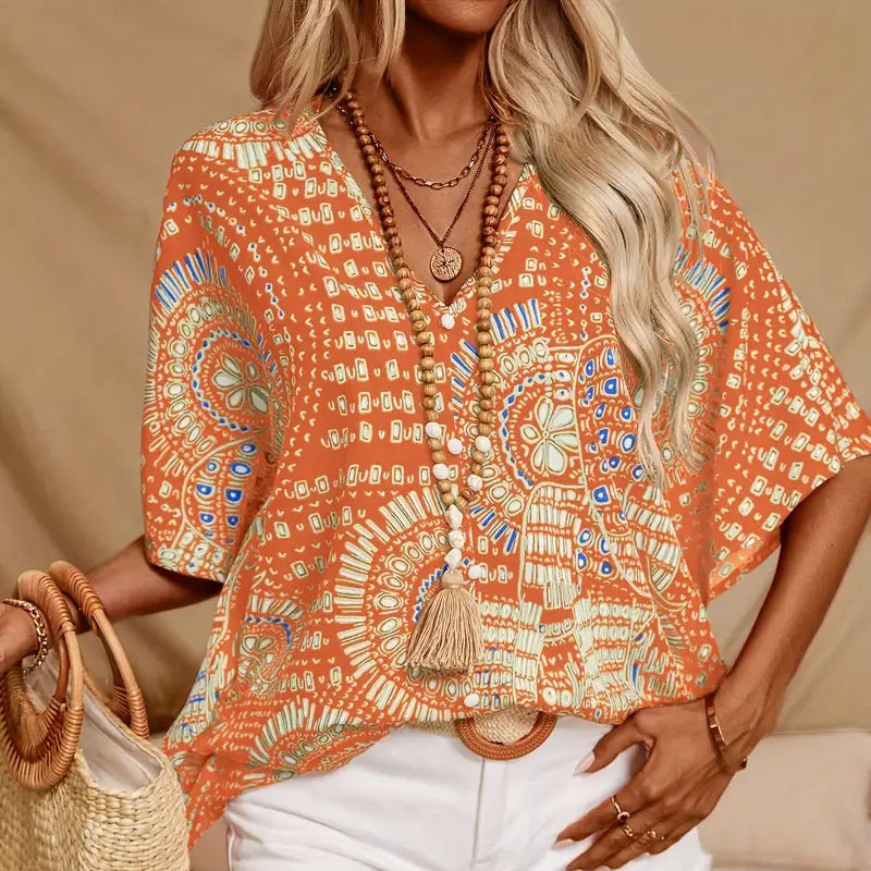 Women's V-Neck Mandala Print Blouse Short Batwing Sleeve Casual Vacation Top