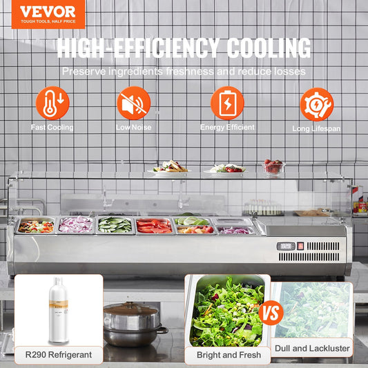 VEVOR Refrigerated Condiment Prep Station, 150 W Countertop Refrigerated Condiment Station, 304 Stainless Body And PC Lid, Sandwich Prep Table With Glass Guard, ETL