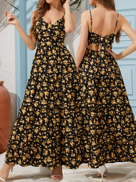 Women's Summer V-Neck Floral Print Strappy Dress Backless Bowknot Flowy Maxi