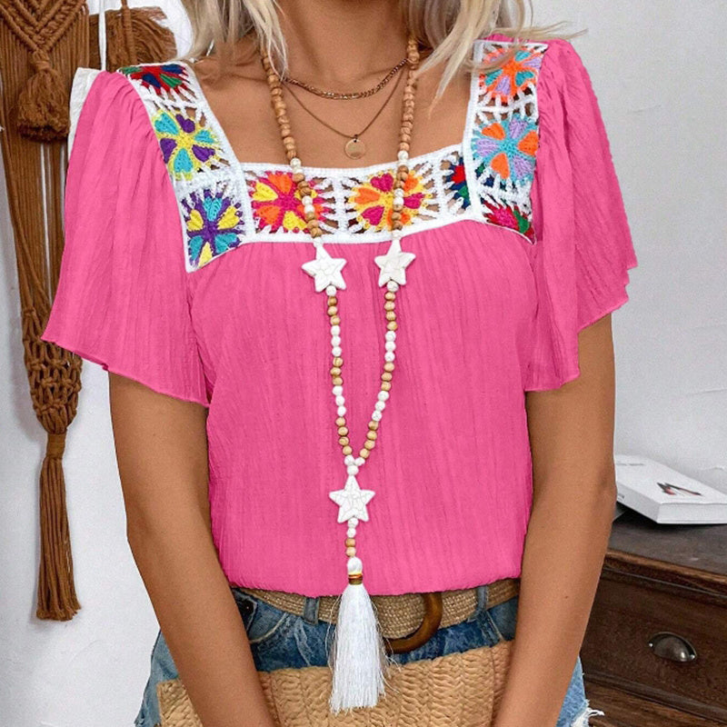 Women's Elegant Square Neck Crochet-Trimmed Geometric Floral Print Short Sleeve Shirt Casual Top