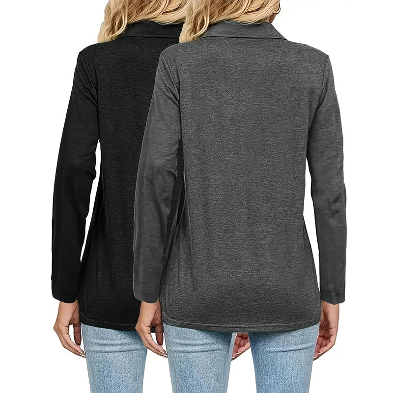 2 Packs Women's Polo Shirts Long Sleeve Business Casual Tops Collared V Neck Basic Tees