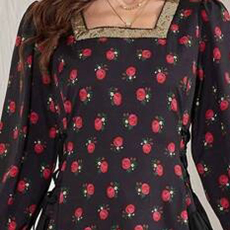 Women's Elegant Floral Print Square Neck Dress With Puff Sleeves & Cinched Waist, Summer Bohemian