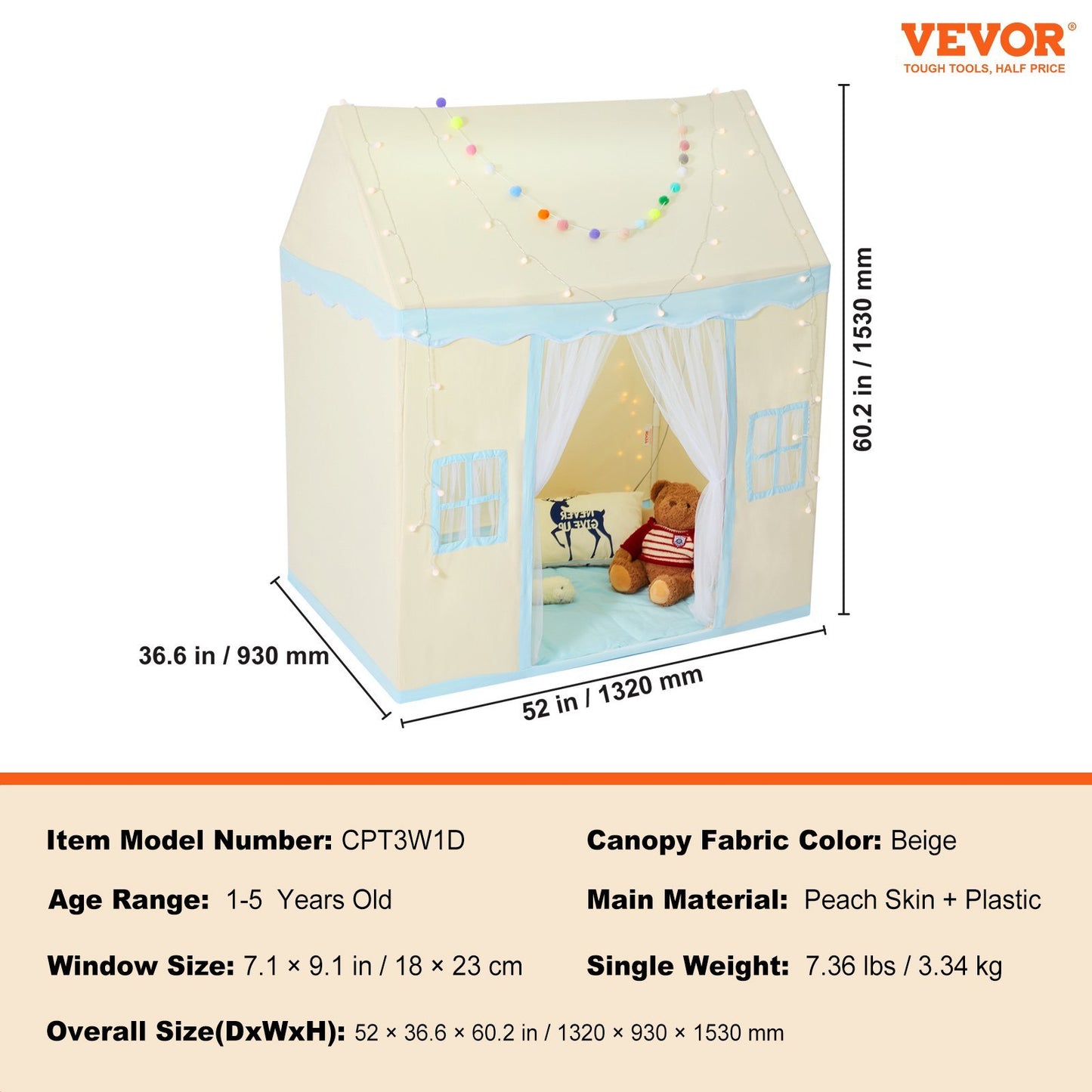 VEVOR Kids Play Tent, Kids Tent For Kids 1-5 Years Old, Toddler Tent With Mat And Tent Lamp, Tent For Kids With Windows For Indoor And Outdoor, Play House Castle Tent For Boys And Girls, Beige