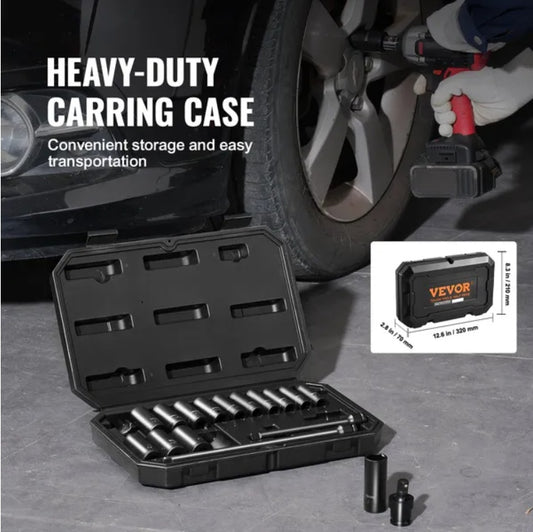 VEVOR Impact Sockets Set 18pcs 6-Point 3 8 Drive Bit Ratchet Tool Kit Case