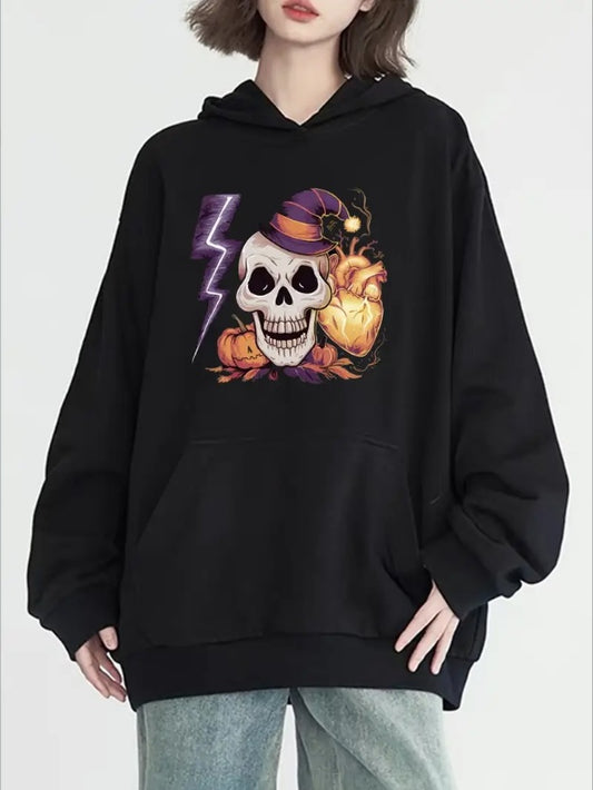 Women'S Fashion Skull & Lightning Print Hoodie - Casual Pullover With Pockets, Long Sleeve, Round Neck