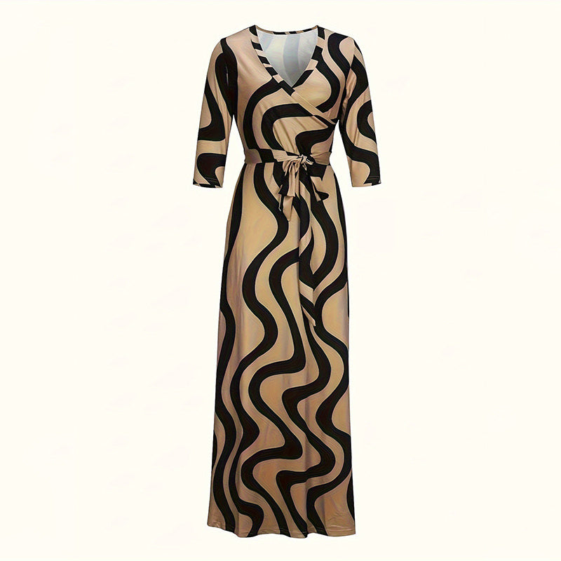 Women's V-Neck Elegant Half-Sleeve Belted Waist Print Maxi Dress