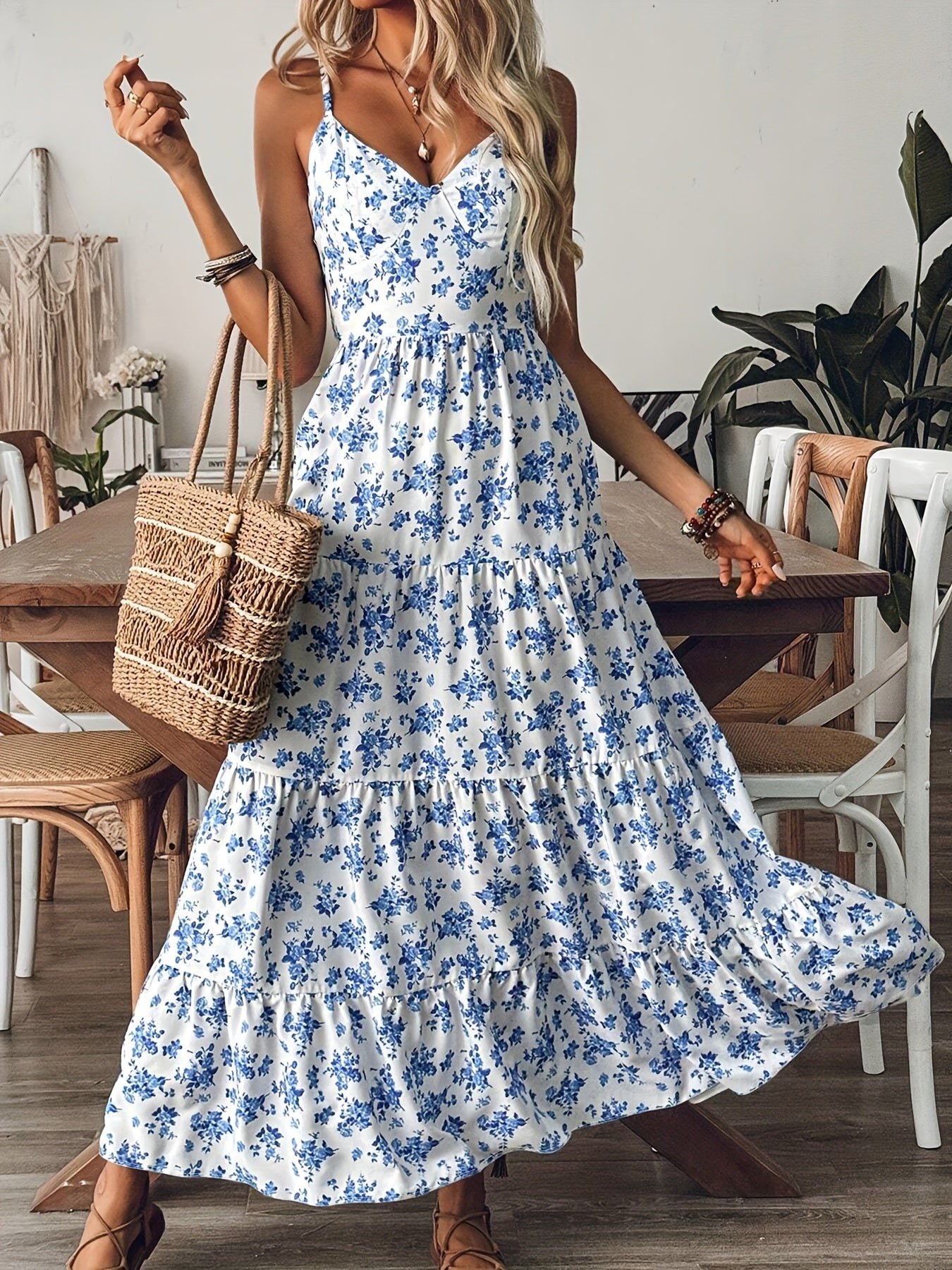 Women's Summer V-Neck Floral Print Strappy Dress Backless Bowknot Flowy Maxi