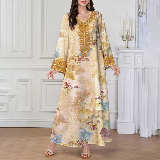 Women's Chic Bohemian Floral V-Neck Maxi Dress, Elegant Golden Long Sleeve Loose Fit Casual