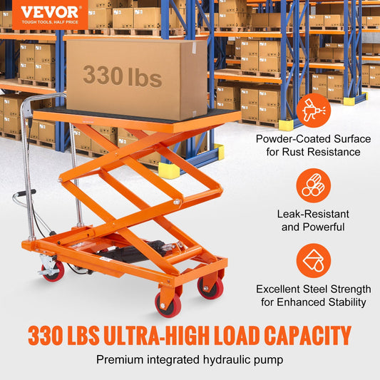 VEVOR Hydraulic Lift Table Cart, 330lbs Capacity  Lifting Height, Manual Double Scissor Lift Table With 4 Wheels And Non-slip Pad, Hydraulic Scissor Cart For Material Handling And Transportation