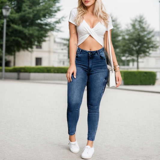 Multi-pocket High-stretch Mid-rise Zipper-hem Skinny Pencil jeans And Top