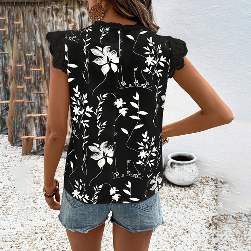 Women's Summer Geometric Leaf Print Tops Lace Cap Sleeve Crew Neck Shirt