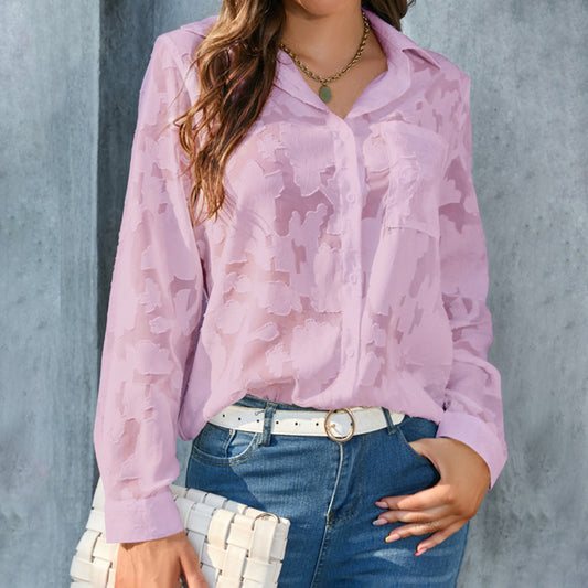 Women's Casual Sheer Button Down Shirt Long Sleeve V Neck Jacquard Blouse Top