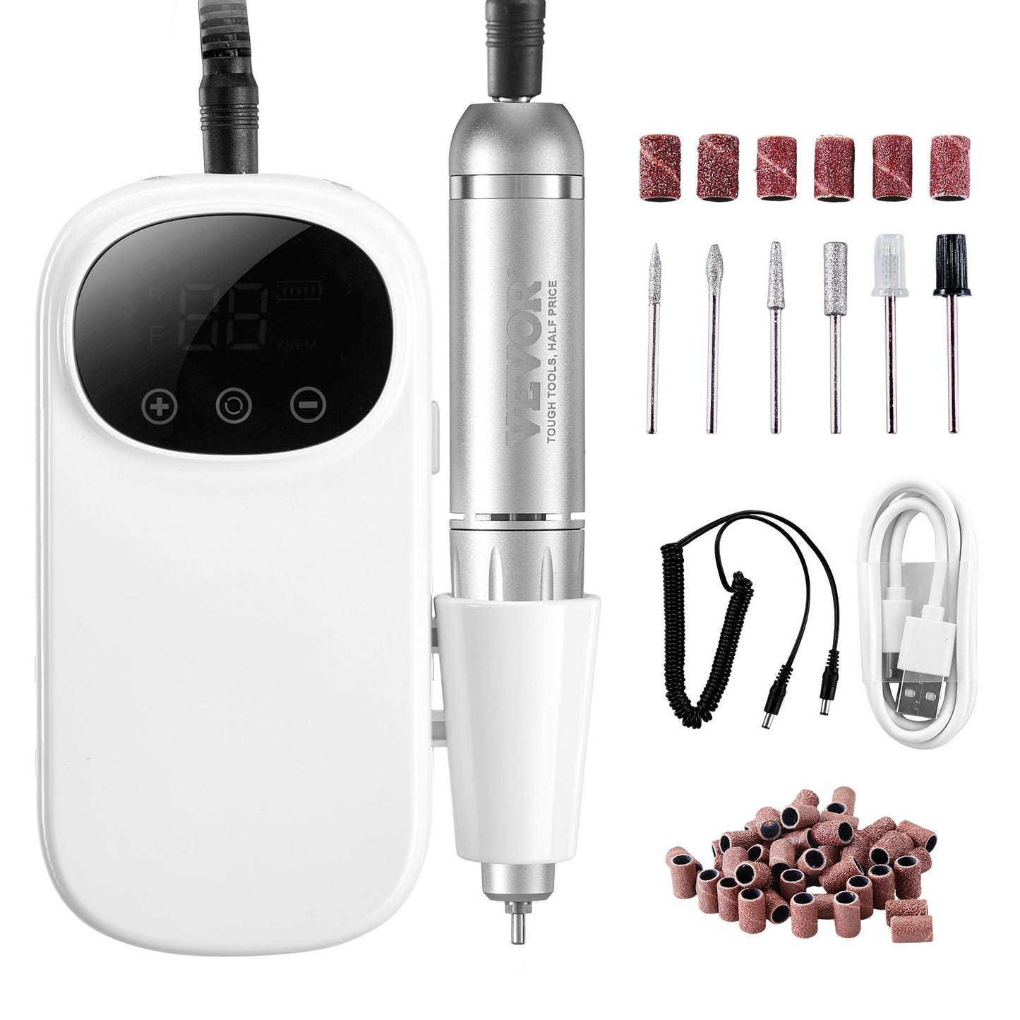 VEVOR Electric Rechargeable Nail Drill, 35,000RPM Portable Cordless Nail E File Machine, LCD-Display Acrylic Gel Grinder Tool With 6 Bits And 50PCS Sanding Bands For Manicure Pedicure Carve Polish
