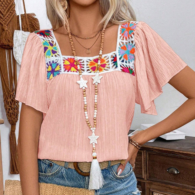 Women's Elegant Square Neck Crochet-Trimmed Geometric Floral Print Short Sleeve Shirt Casual Top