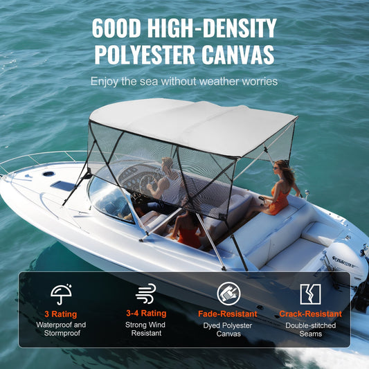 VEVOR 4 Bow Bimini Top Boat Cover, Detachable Mesh Sidewalls, 600D Polyester Canopy With  Aluminum Alloy Frame, Includes Storage Boot, 2 Straps, 2 Support Poles,