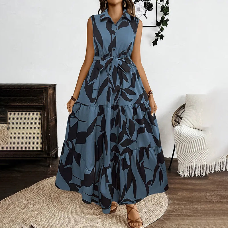 Sleeveless Boho Floral Maxi Dress Summer Button Shirt V Neck Flowy Belted Dresses