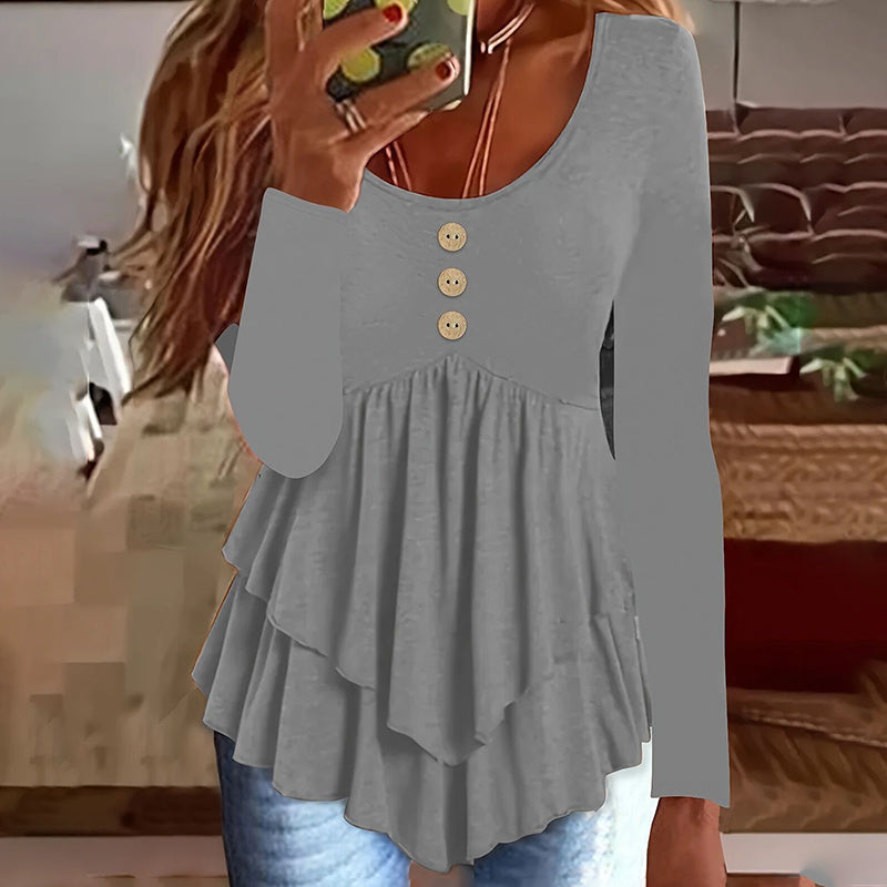 Casual Long Sleeve T-Shirt Solid Color Round Neck Layered Button Front Tunic Tops
