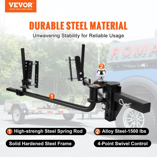 VEVOR Weight Distribution Hitch, 1,500 Lbs Weight Distributing Hitches Kit With Sway Control For Trailer, 2-In Solid Steel Shank, In Alloy Steel Ball, Powder Coated Load Leveling Hitch, Black