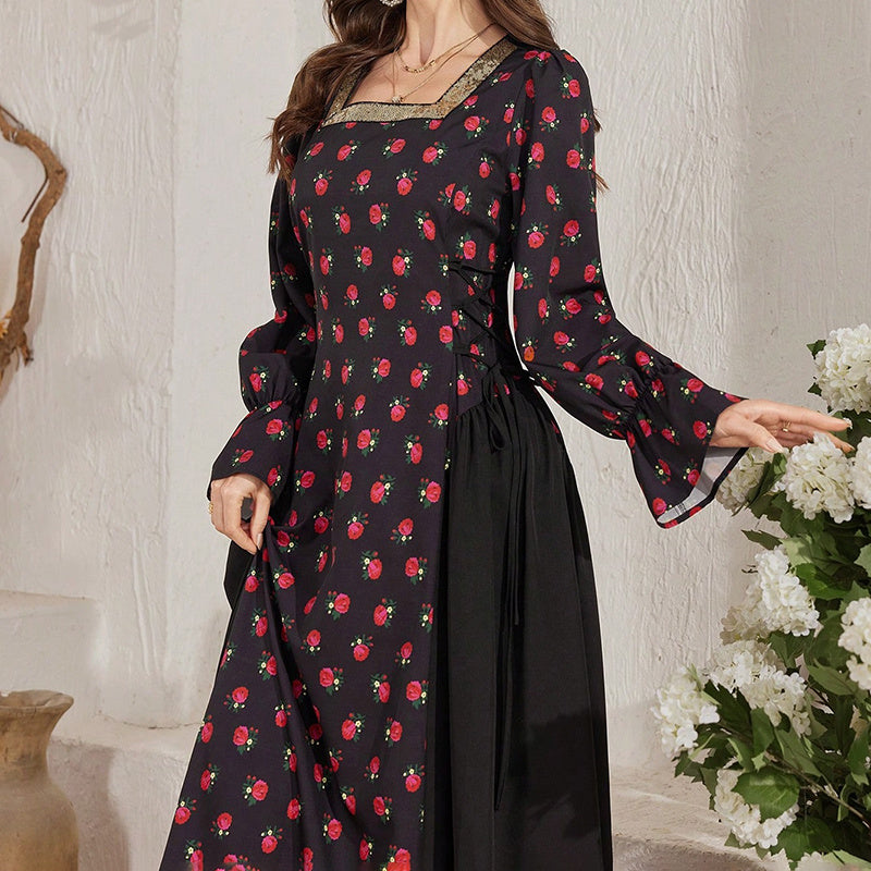Women's Elegant Floral Print Square Neck Dress With Puff Sleeves & Cinched Waist, Summer Bohemian