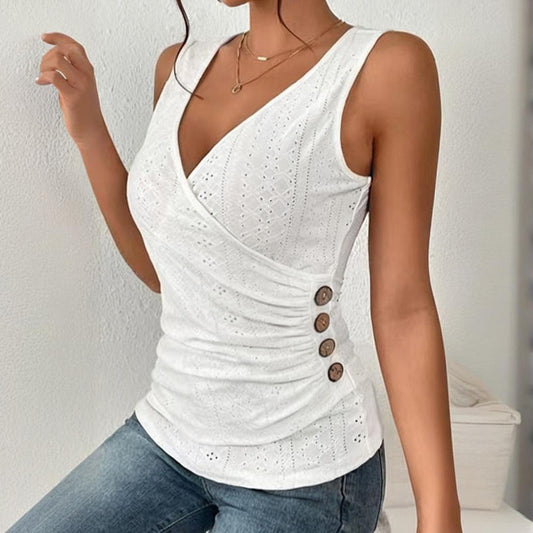 Women's V-Neck Sleeveless Ruched Tank Top Slim Fit Button Detail Summer Casual Tee