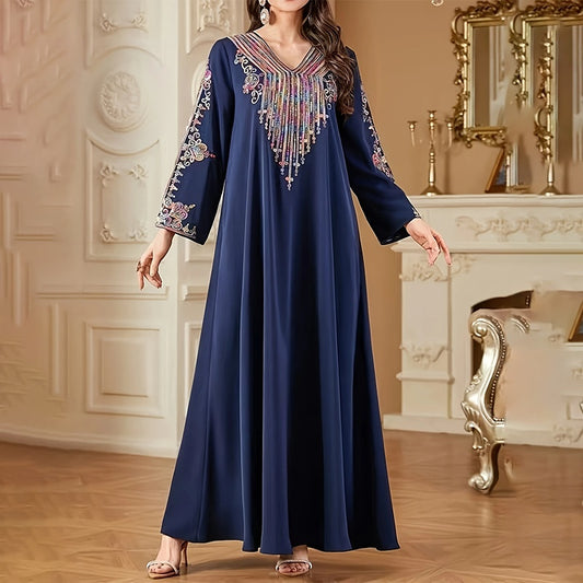 Women's Plus Size V-Neck Embroidered Print Boho Vintage Long Sleeve Maxi Dress