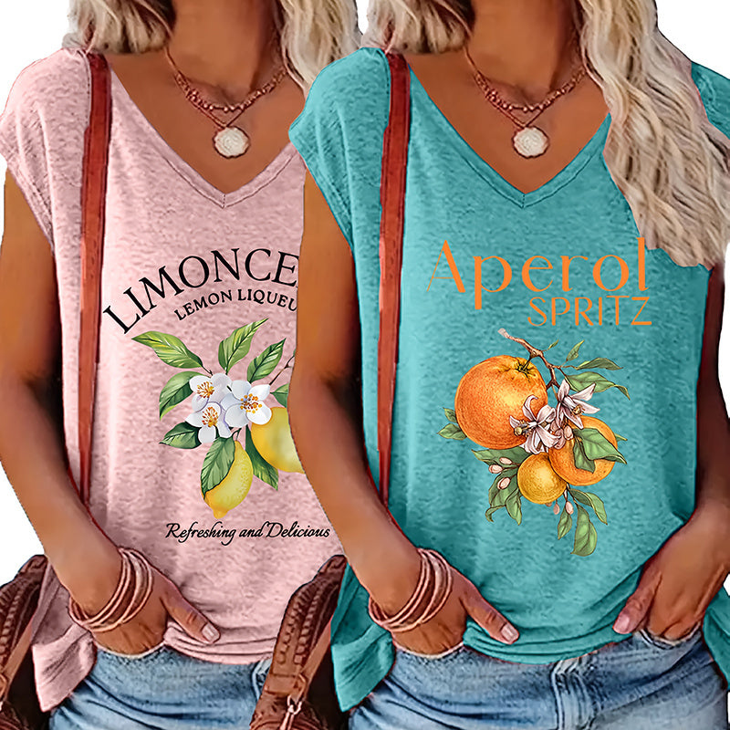 2-Pack Women's V-Neck Graphic Print Tees - Summer Casual Short Sleeve Tops