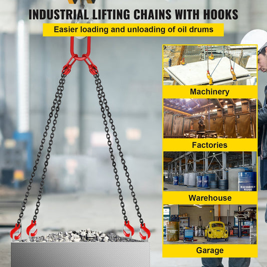 VEVOR 5Ft Chain Sling  5 Ft Engine Lift Chain G80 Alloy Steel Engine Chain Hoist Lifts 3 Ton With 4 Leg Grab Hooks