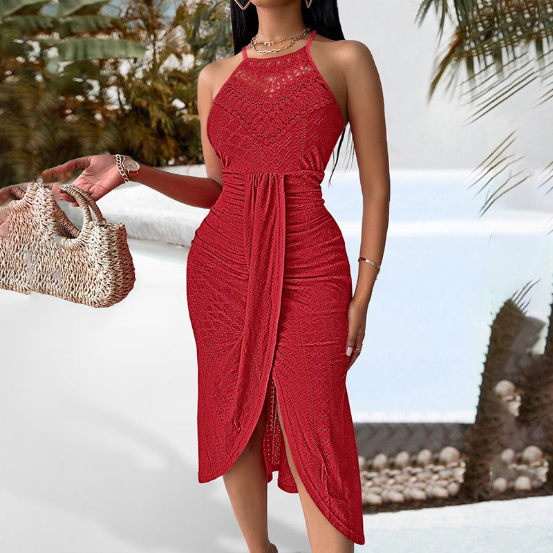 Women's Halter Neck Bodycon Midi Dresses Elegant Sleeveless Cocktail Party Dress