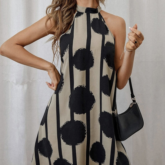 Ladies' Polka Dot Print Neck Hanging Fashion Sleeveless Off Shoulder Dress