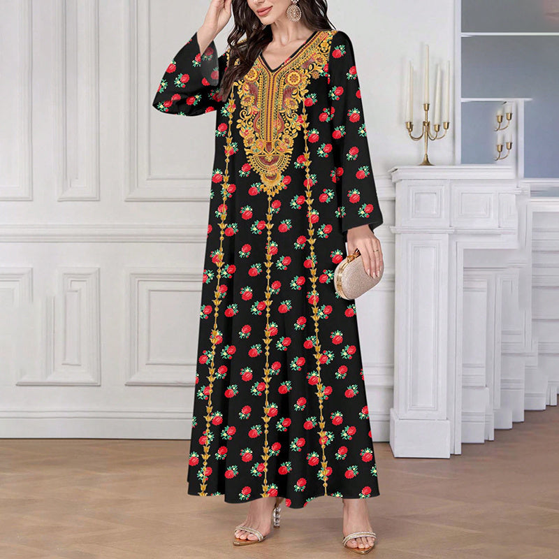 Women's Plus Size Ethnic Maxi Dress - Bohemian Embroidered Floral Print V-Neck Retro Long