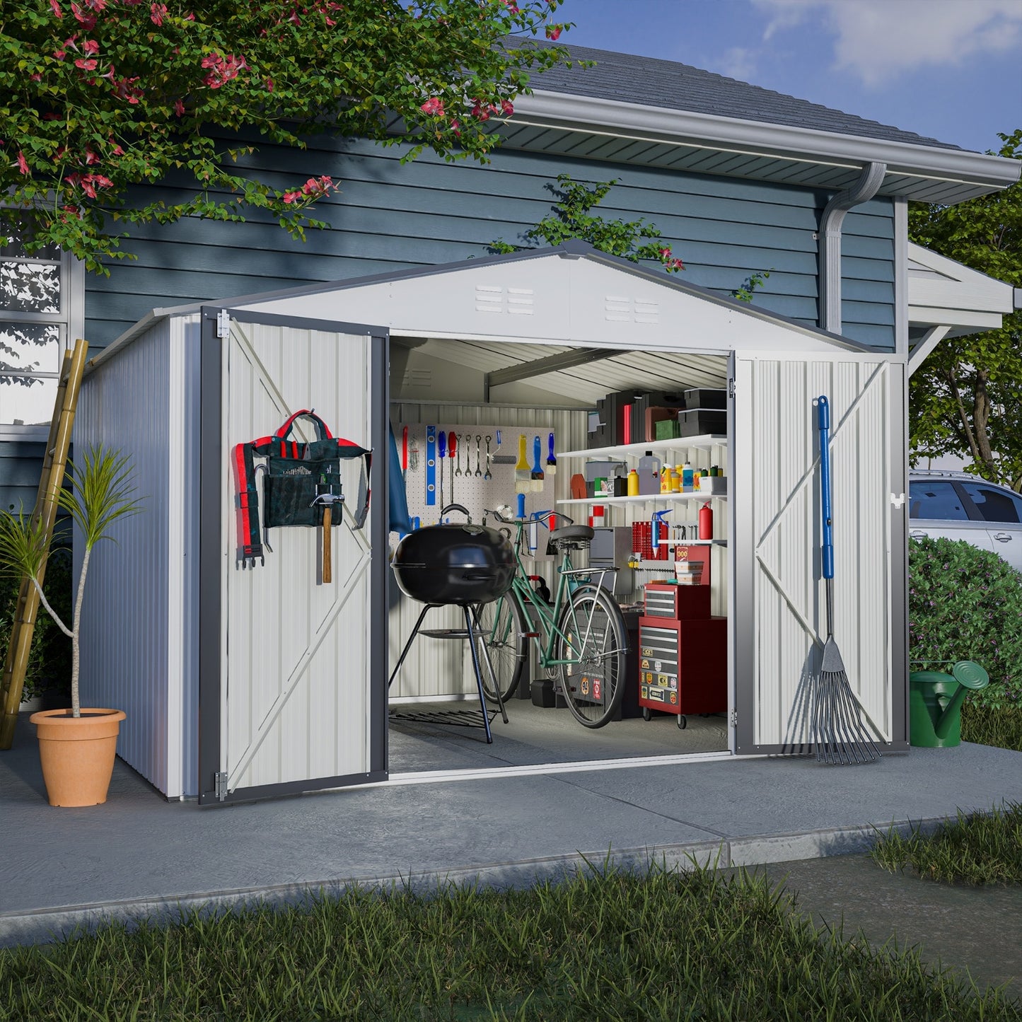 10X8 FT Outdoor Storage Shed, All Weather Metal Sheds With Metal Foundation & Lockable Doors, Tool S