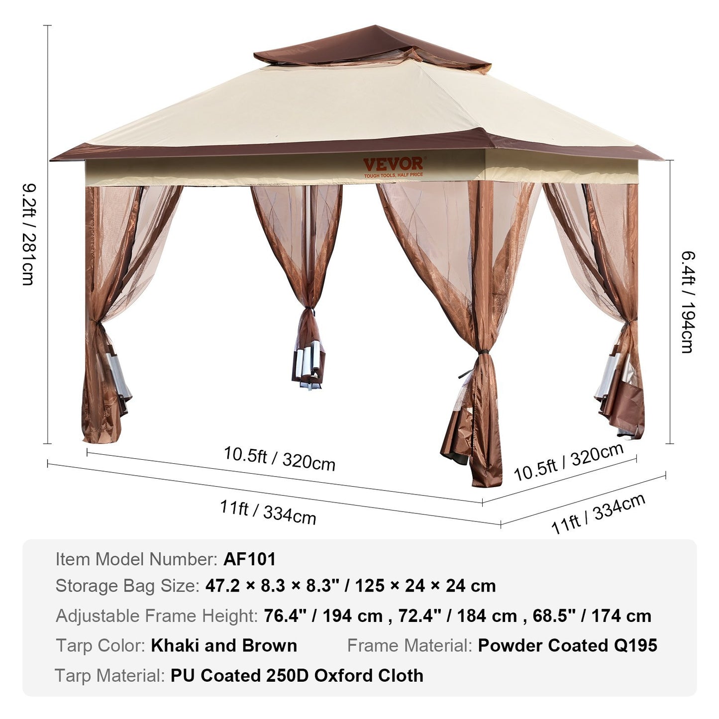 VEVOR Patio Gazebo, 11 X 11 FT Pop Up Gazebo For 8-10 Person, With Mosquito Netting, Metal Frame, And PU Coated 250D Oxford Cloth, Outdoor Canopy Shelter For Patio, Backyard, Lawn, Garden, Deck