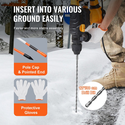 VEVOR Driveway Markers, 30 PCS 48 Inch, 0.4 Inch Diameter, Orange Fiberglass Poles Snow Stakes With Reflective Tape,  Steel Drill Bit & Protection Gloves For Parking Lots, Walkways Easy Visibility