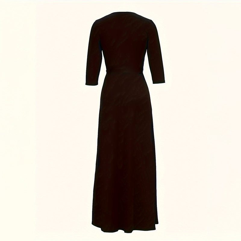 Women's V-Neck Elegant Half-Sleeve Belted Waist Print Maxi Dress