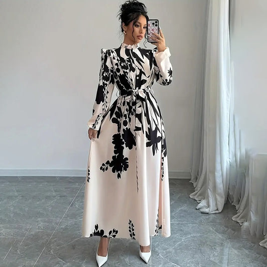 Women's Floral Print Long Sleeve Maxi - Stand Collar A-Line Dress With Waist Detail, Lantern Sleeves & Ruffle Hem