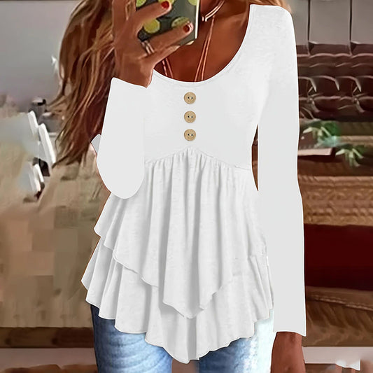 Casual Long Sleeve T-Shirt Solid Color Round Neck Layered Button Front Tunic Tops