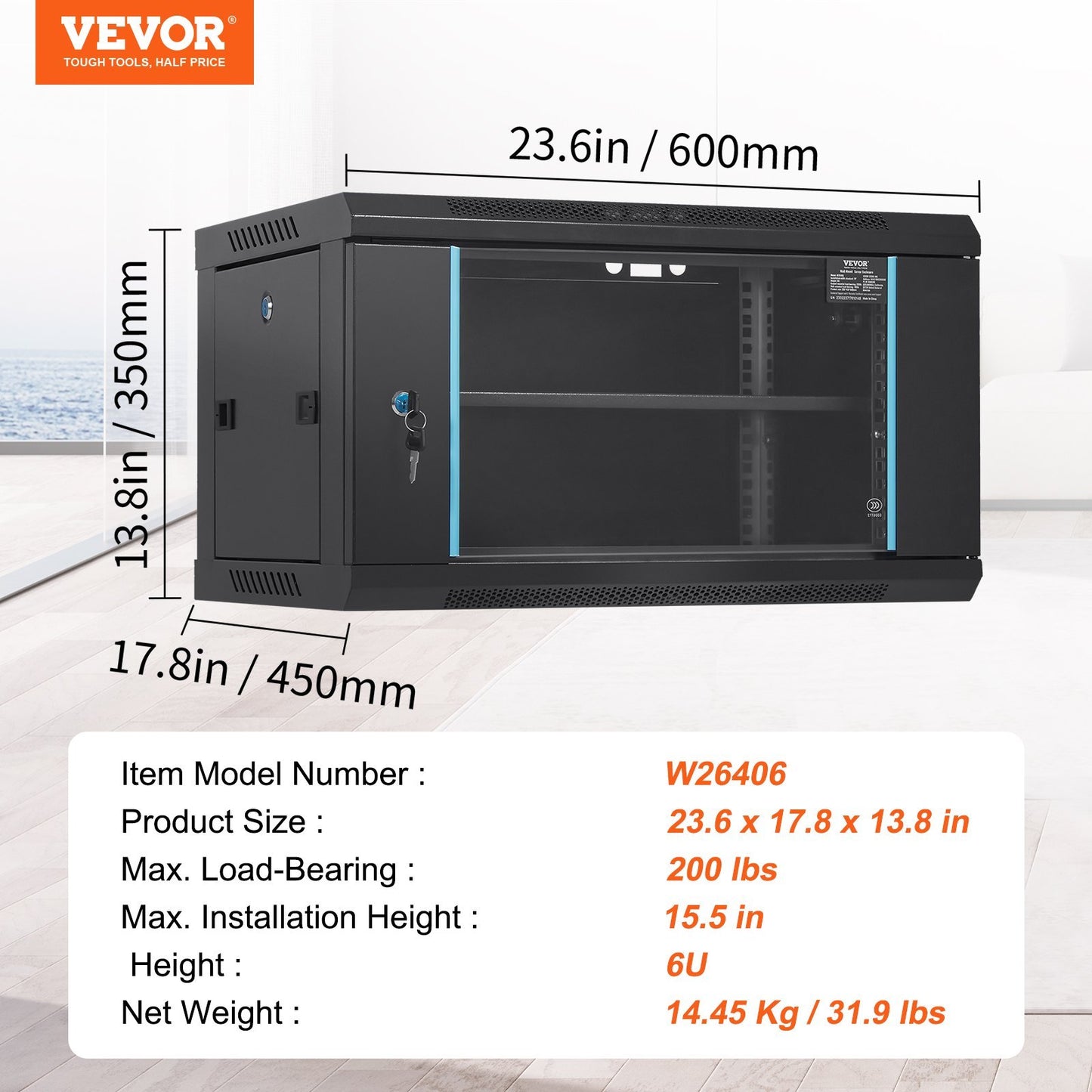 VEVOR 6U Wall Mount Network Server Cabinet, 15.5 Deep, Server Rack Cabinet Enclosure, 200 Lbs Max. Ground-mounted Load Capacity, With Locking Glass Door Side Panels, For IT Equipment, A V Devices