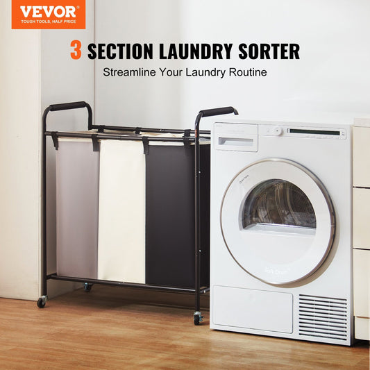 VEVOR 3-Section Laundry Basket, Heavy Duty Laundry Hamper Storage Organizer, Laundry Sorter Cart With Heavy Duty Lockable Wheels For Dirty Clothes In Laundry Room Bedroom