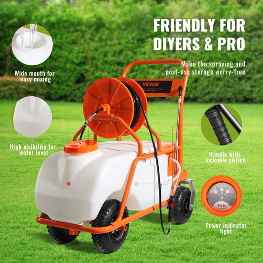VEVOR Battery Powered Lawn Sprayer On Wheel, 0-90 PSI Adjustable Pressure, 15 Gallon Tank, Cart Sprayer With 8 Nozzles And 2 Wands, 12V 12Ah Battery, Wide Mouth Lid For Weeding, Spraying