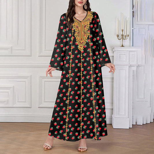 Women's Plus Size Ethnic Maxi Dress - Bohemian Embroidered Floral Print V-Neck Retro Long