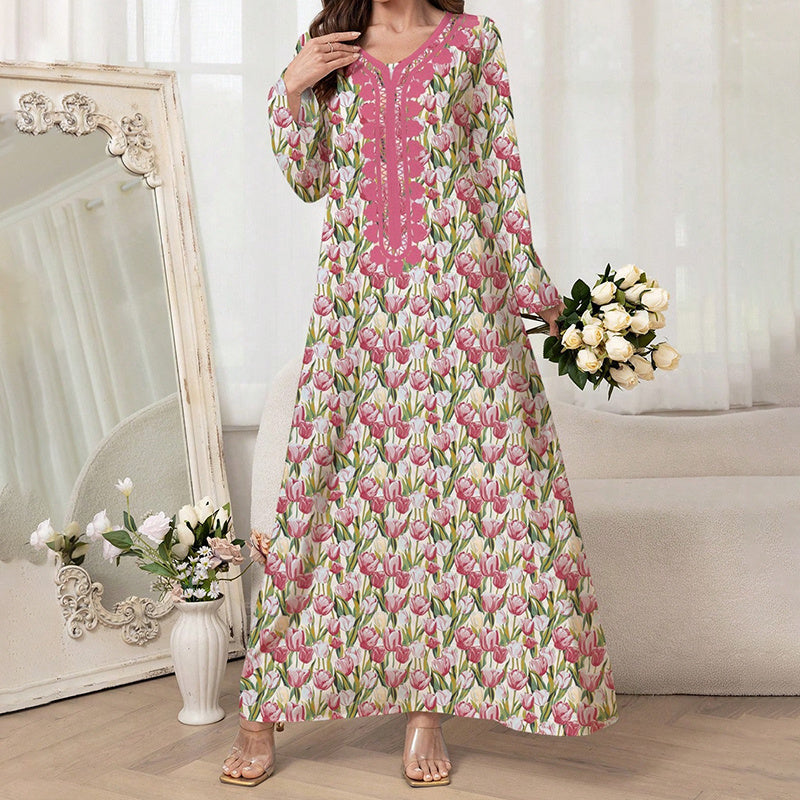 Women's Elegant Pink Floral Print Maxi Dress Vacation Style Long Sleeve A-line Flowy
