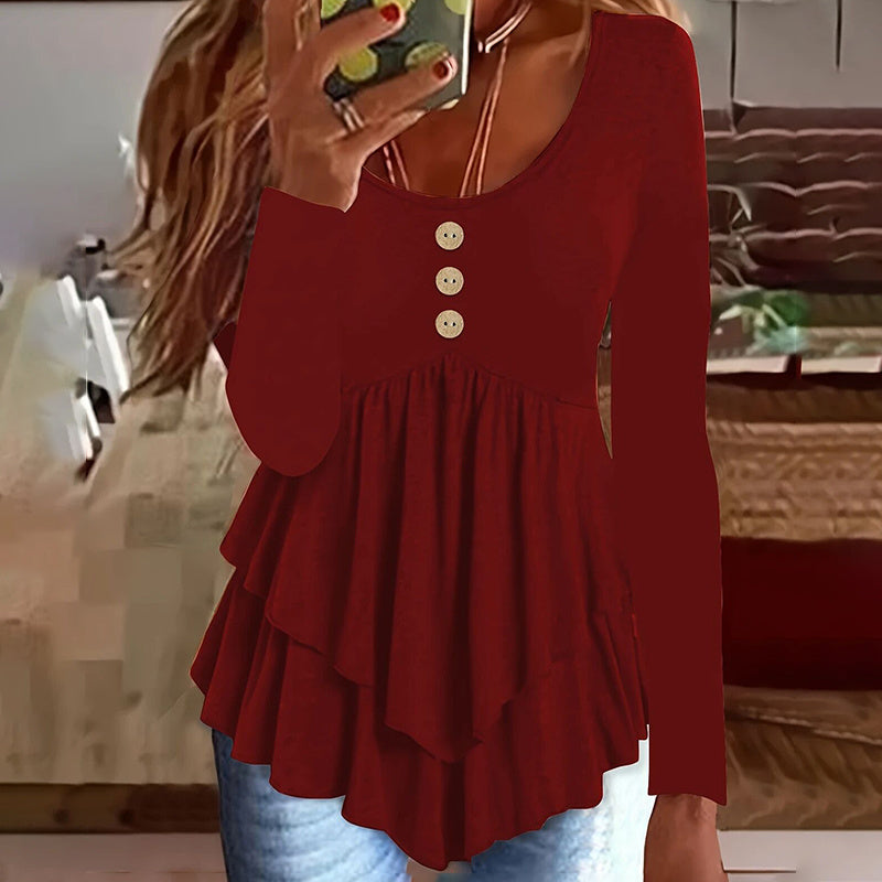 Casual Long Sleeve T-Shirt Solid Color Round Neck Layered Button Front Tunic Tops